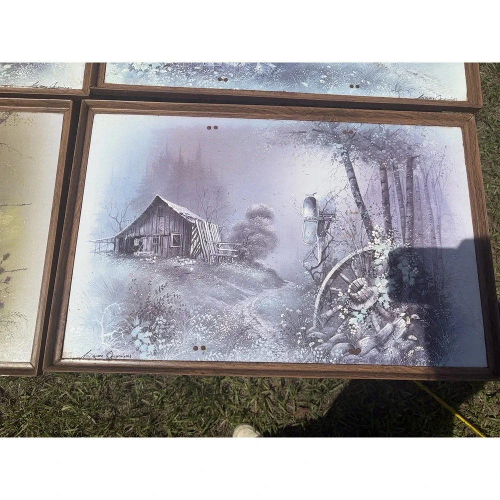 Vintage Set of 4 Andres Orpinas Folding TV Tray Tables Barn Farm Rustic Cabin